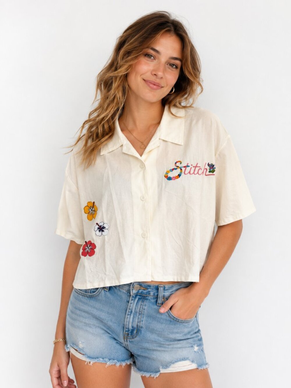Disney Stitch Embroidered Button Front Camp Shirt Top Women's XXL NWOT
